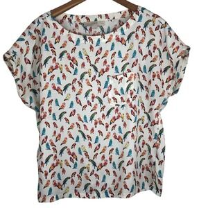 Loft Colorful Parrot Print Cream White Blouse Size Medium Petite